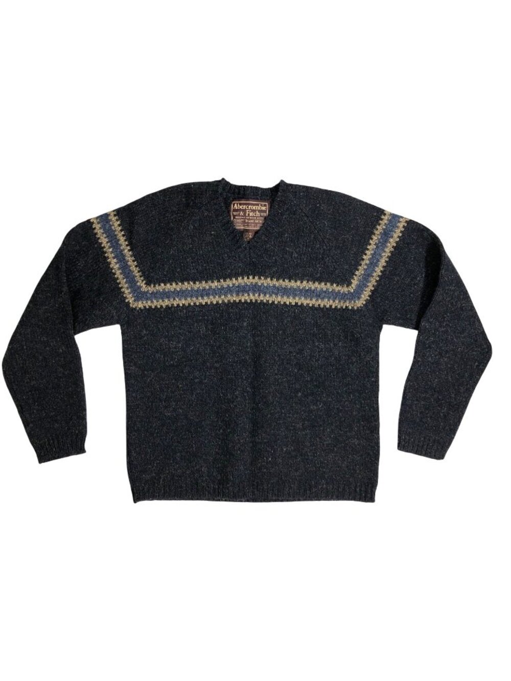 VTG 90s Y2K Abercrombie & Fitch Wool Sweater Mens M Chevron Dark Gray V-Neck Blu